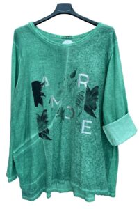 Tunika grün mit Blattmotiv AA 61 cm Länge 78 cm