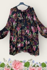 Seide-Viskose Bluse schwarz rosig AA 72 cm