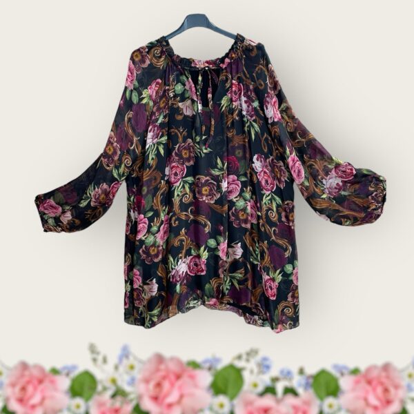 Seide-Viskose Bluse schwarz rosig AA 72 cm